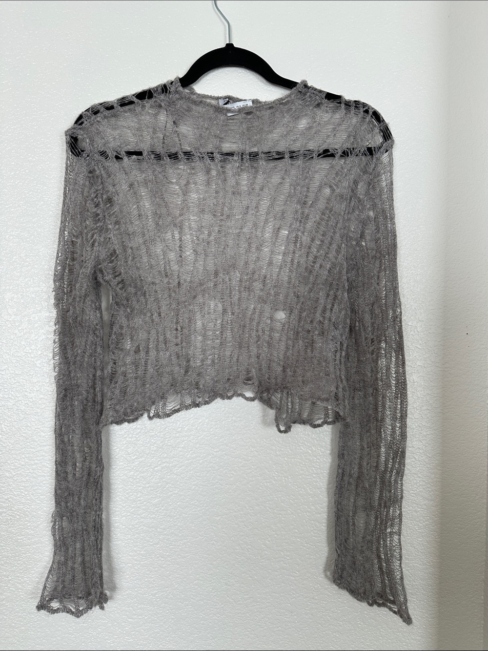 Zara Sheer Open-Knit Gray Crop Sweater